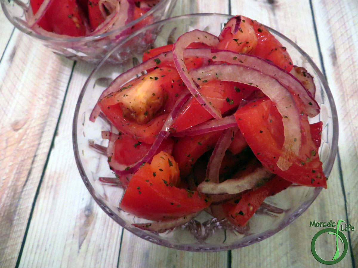 Morsels of Life - Tomato Salad - A quick, light, and refreshing tomato salad with red onions and basil marinated in white balsamic.
