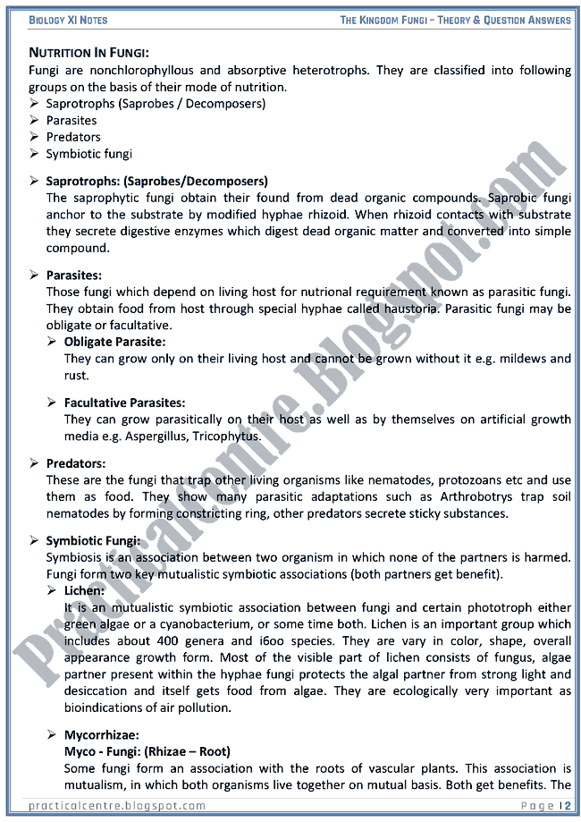 Kingdom Fungi Theory And Questions Answers Biology XI Practical