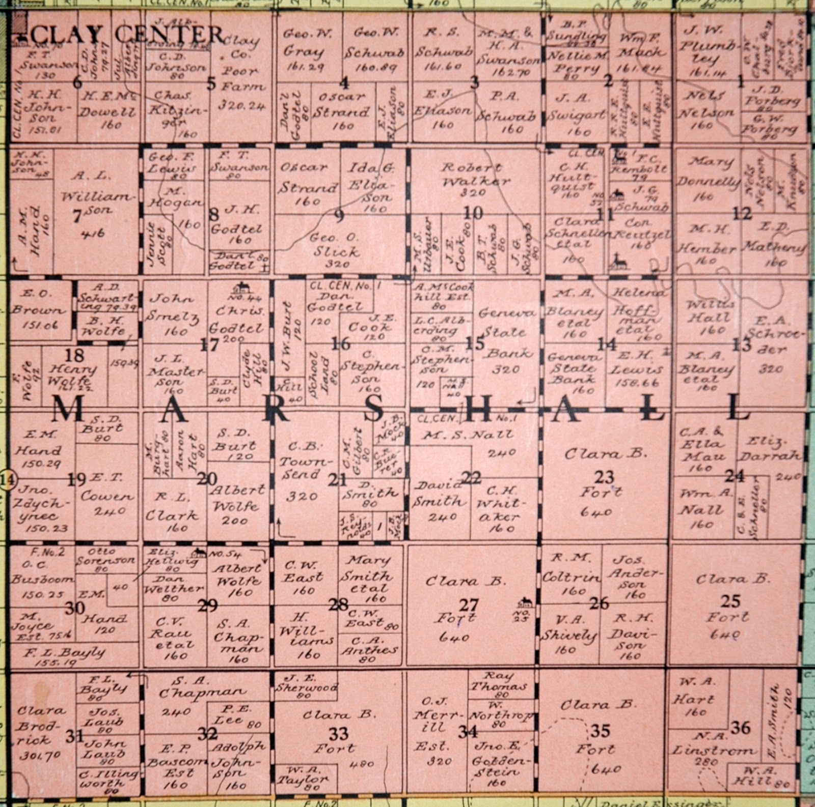 Sutton Nebraska Museum 1925 Plat Map of Marshall Township, Clay County