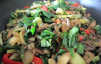 Stir fry - onions, celery, chicken, spinach, red pepper, mushrooms