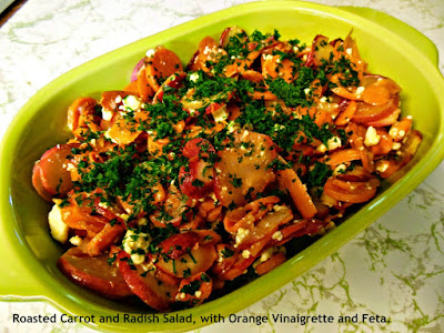 Roasted Carrot and Radish Salad with Orange Vinaigrette and Feta, our suggestion for Sunday Supper. Sunday Supper Suggestions to please the family! Sunday December 8, 2019.