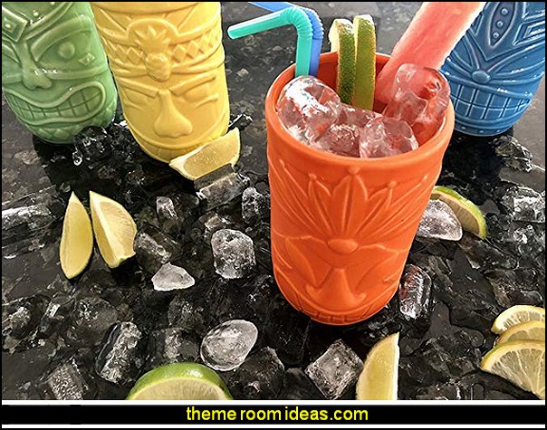 Ceramic Tiki Mug Party Tumbler Set  Tropical party decorations - tropical party ideas - ALOHA Hawaii Luau Party Decorations - Luau Hawaiian Grass Table Skirt raffia Decorations - Hula Hibiscus Tropical Birthday Summer Pool Party Supplies - tiki party pineapple party decorations - beach party - Birthday party  photo backdrop - tropical themed cake decorations - beach tiki themed table decorations -  party props - summer party