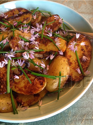 Grilled Potatoes, Salad, Onions, Chives, Chive Flowers