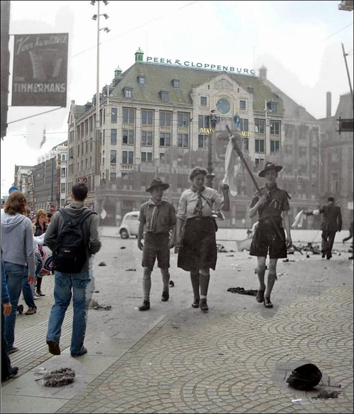 “On may 7th (2 days after German capitulation) thousands of Dutch people were waiting for the liberators to arrive on the Dam square in Amsterdam…Then for some reason the Germans placed a machinegun on the balcony and started shooting into the crowds… It has always remained uncertain why it happened but the sad result was that at the brink of peace 120 people were badly injured and 22 died.”