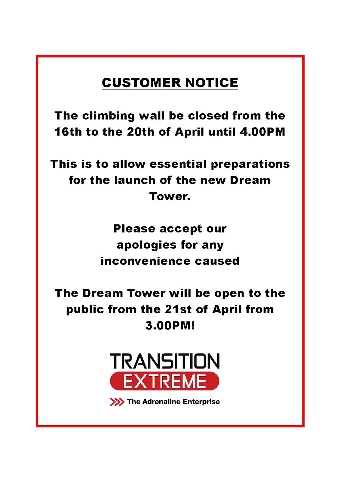 Transition Extreme Climbing Wall closure infomation