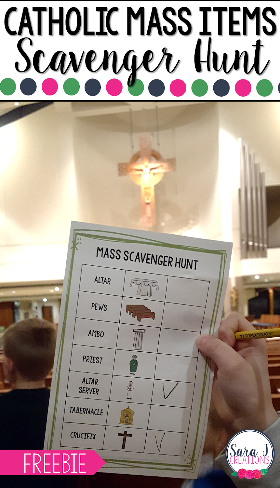 Free Catholic Mass Items Scavenger Hunts. The perfect way to teach students the names for items we use during Mass and engage them in what is happening on Sundays. #catholic #catholickids #sarajcreations #mass