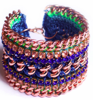 Silk and Metallic Chain Links Bracelet in Blue, Silk Bracelet, Chain Links Bracelet