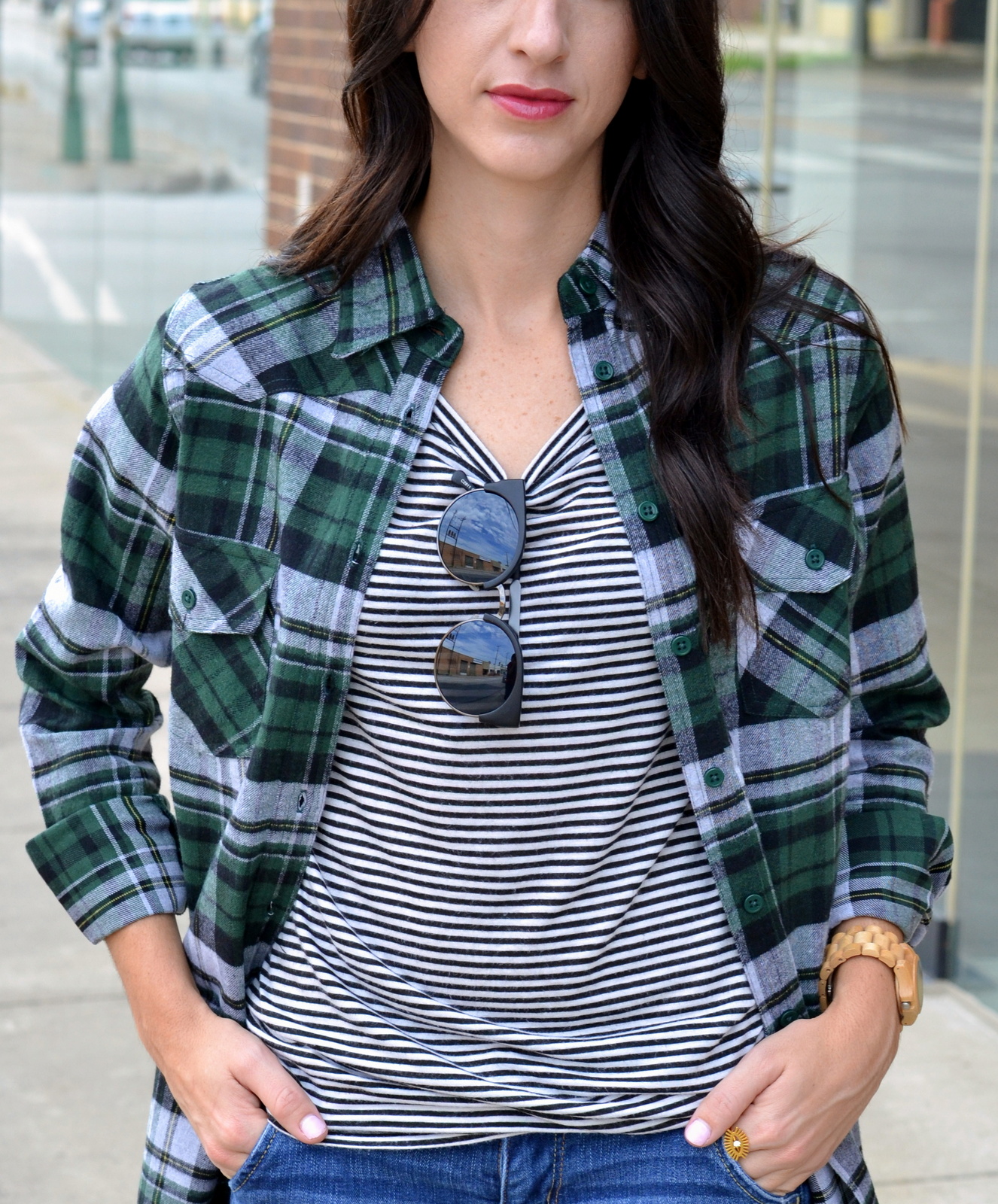 Fall bold lipstick, flannel, striped tee, fall outfit 