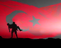 Türk bayraklı ufukta şehit düşmüş arkadaşını kucağında taşıyan bir asker