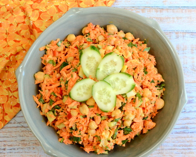 Carrot & Chickpea Salad with Tahini-Lemon Dressing, another healthy vegan salad ♥ AVeggieVenture.com. Low Carb. Low Fat. Weight Watchers Friendly. Great for Meal Prep. Gluten Free.