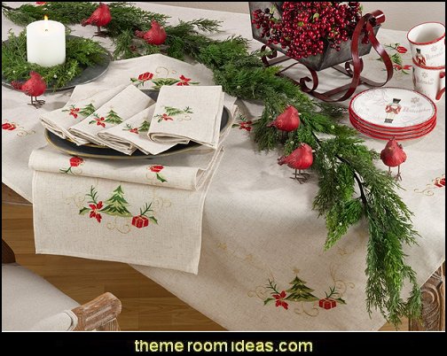 Embroidered Christmas Tree Design Holiday Linen Blend Tablecloth Embroidered Christmas Tree Design Holiday Linen Blend Tablecloth