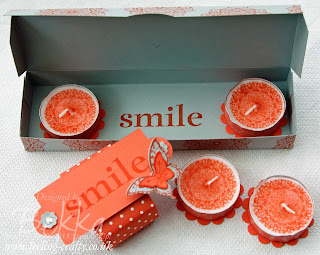 Smile Box with Four Decorated Tea Lights by UK based Stampin' Up! Demonstrator Bekka Prideaux - book a class for you and your friends to learn how to make this