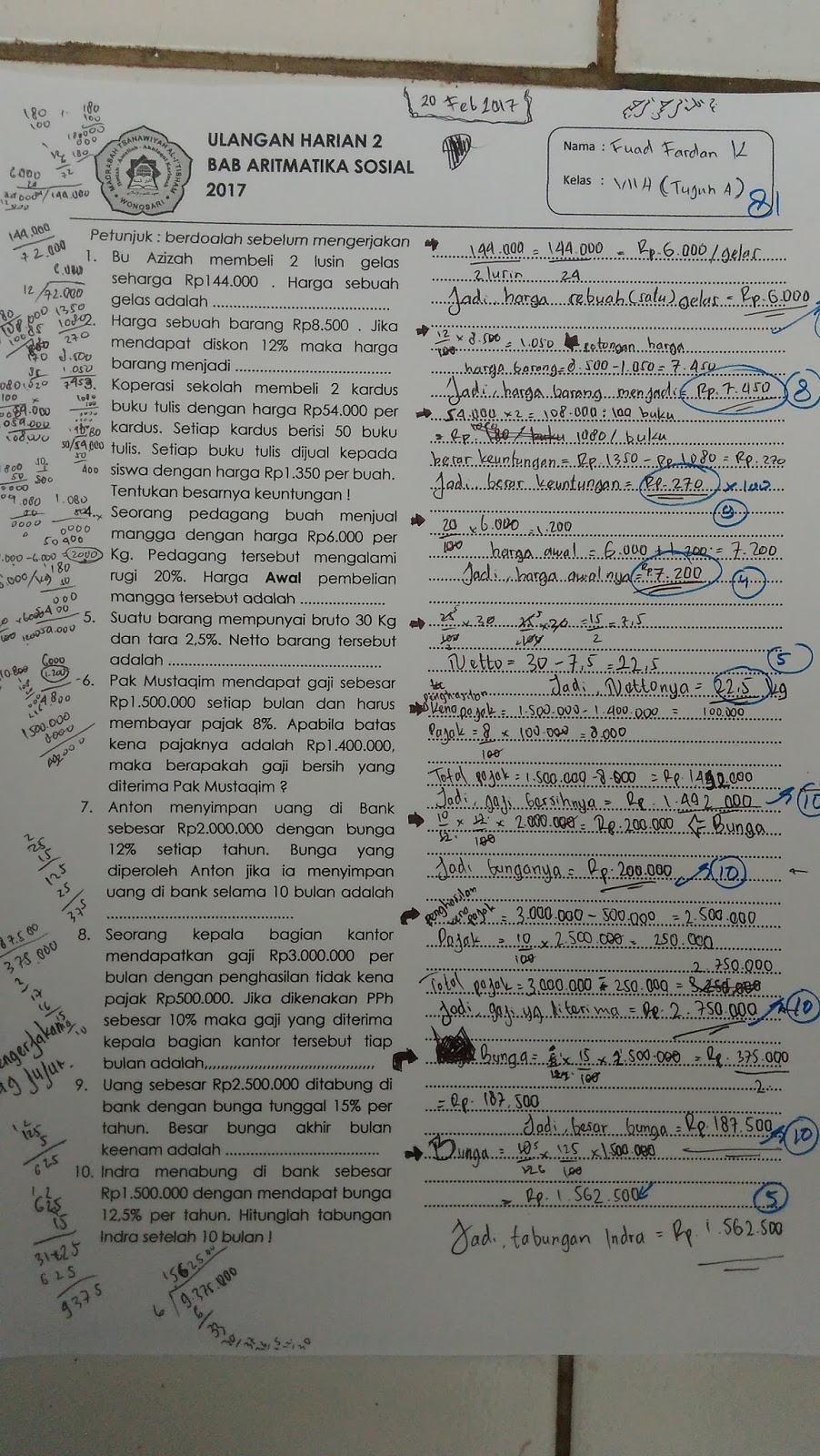 ETNIK_amor Soal Ulangan Matematika Kelas 7 SMP Materi