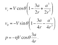 Equations giving the velocity and pressure around a sphere during Stokes' flow.