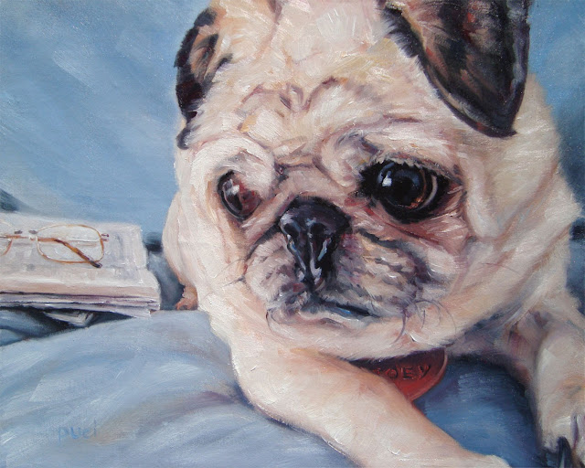 custom pet portrait painting of Pug Zoey looking to her right, newspaper and reading glasses nearby.