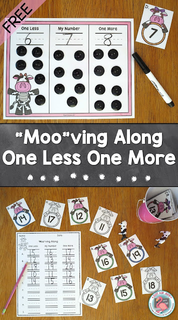 This versatile kindergarten math resource with a cow theme can be used to teach, practice, or review the concept of one less and one more than a given quantity or number.