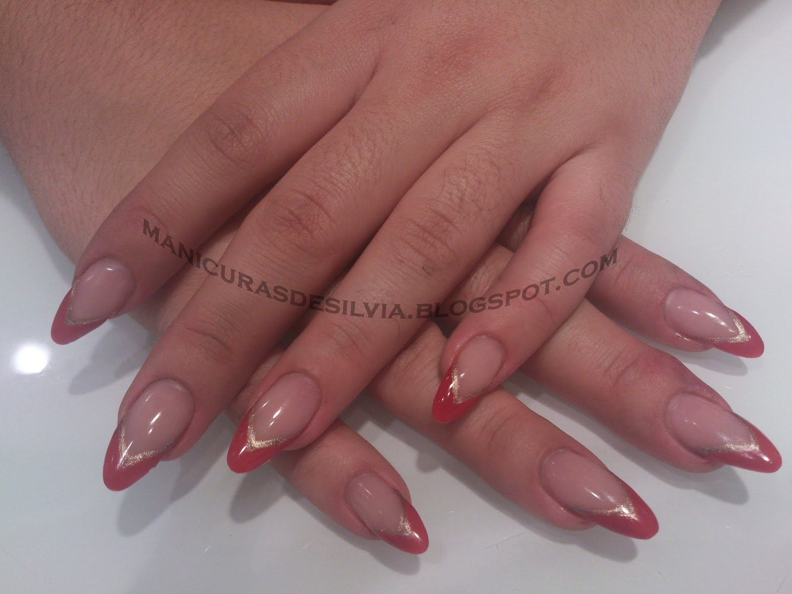 Manicuras de Silvia: Stiletto en francesa rojo (Red french stiletto nails)