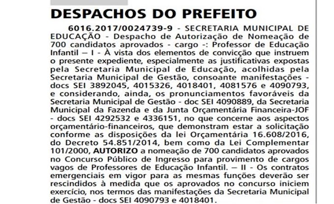 A Prefeitura de São Paulo autoriza a nomeação de 700 Professores  aprovados em concurso público