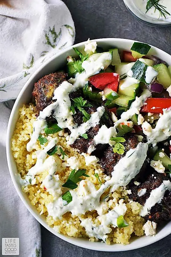 Assembled Greek Bowl recipe with Tzatziki sauce ready to eat