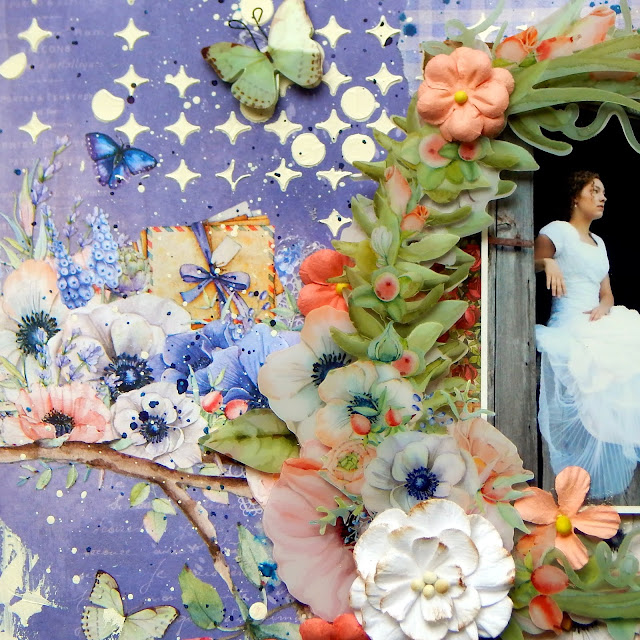Scraps of Elegance scrapbook kits: Purple/lavender mixed media wedding layout w/our July2017 kit, by Sandi Clarkson. 49 and Market Cottage Life.