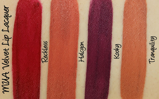 MUA Luxe Velvet Lip Lacquer - Reckless, Halcyon, Kooky and Tranquility Swatches & Review