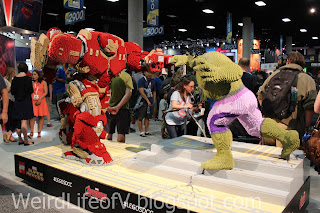 San Diego Comic-Con 2015 - Exhibition Floor large Iron Man and Incredible Hulk Lego statues at the Lego Booth