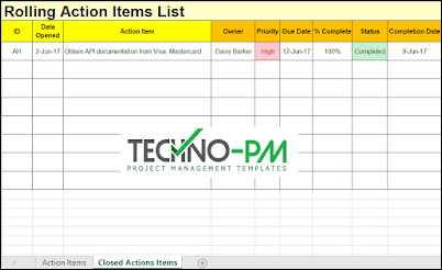 rolling action item list excel template, rolling action item list, action item tracker