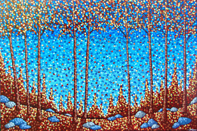 Falling Leaves painting by artist aaron kloss Falling Leaves painting by artist aaron kloss, painting of maples in fall, painting of leaves falling, falling leaves, colorful leaves, pointillism