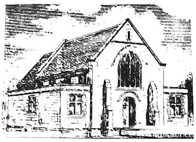 A sketch of a small chapel, single gable with an arched window, central door below.  On either side a flat roofed extension with square topped windows.  A pair of butresses stand on either side of the door
