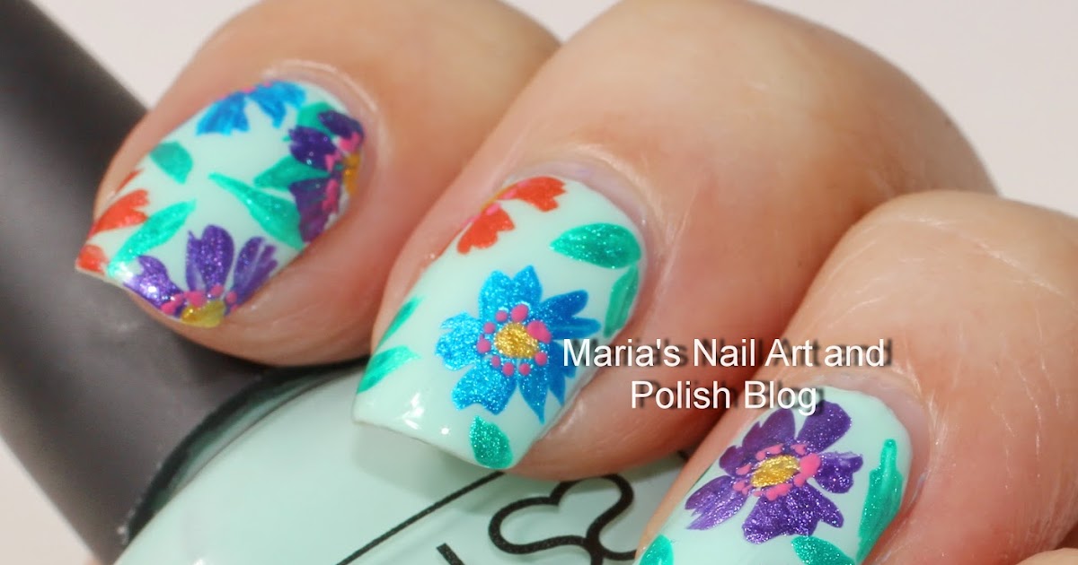 Marias Nail Art and Polish Blog: Multi color floral nail art on mint