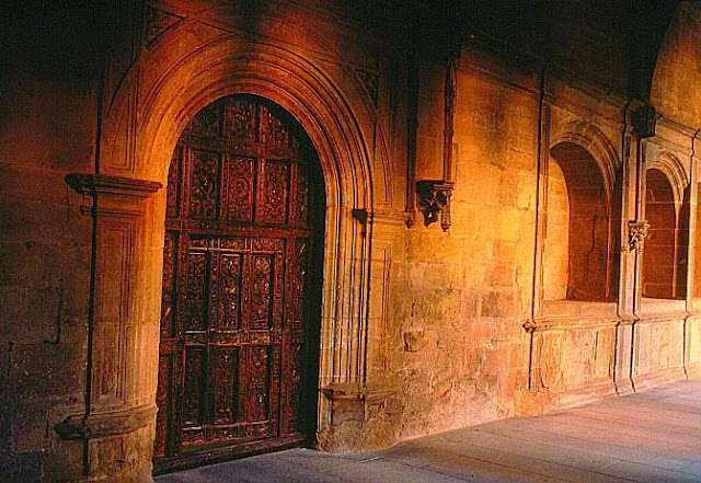 Imagen de una puerta antigua de madera, de corte semicircular y adornos labrados