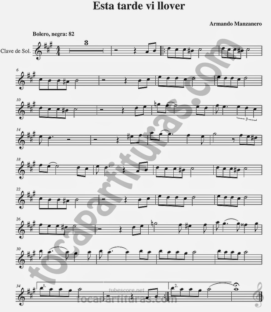 Esta tarde vi llover Partituras en Clave de Sol de Flauta, Violín, Saxo Alto, Oboe, Trompeta, Saxofón Tenor, Soprano Sax, Clarinete, Trompeta, Cornos, Trompa, Barítono, Voz... Bolero Sheet Music in treble clef for violin, flute, alto saxophone, trumpet, clarinet, horn, flugelhorn, baritone, voice... 