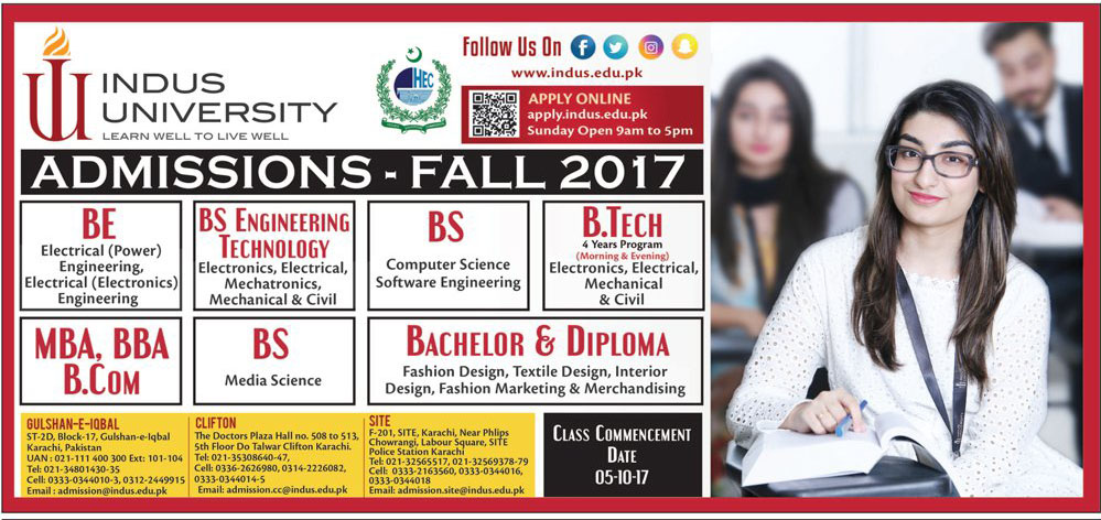 Admission Open in Indus University Karachi - 2017 Admission Open in Indus University Karachi - 2017
