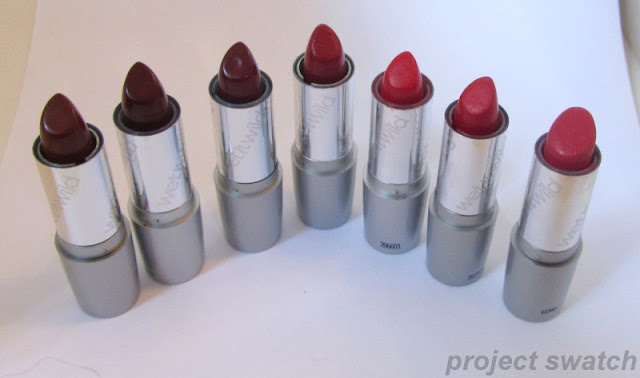 Wet n Wild Silk Finish lipsticks: Mink Brown (506B), Black Orchid (508A), Dark Wine (522A), Cinnamon (509A), Cherry Frost (514A), Hot Red (519A), Hot Paris Pink (520E)