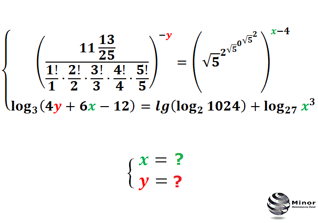Rozwiąż układ równań wykładniczy i logarytmiczny w zbiorze liczb rzeczywistych.