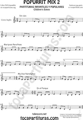  Mix 2 Partitura de Corno Inglés Popurrí Mix 2 Din Don, Mariposa Revoltosa, Muchas Naranjitas Sheet Music for English Horn Music Scores
