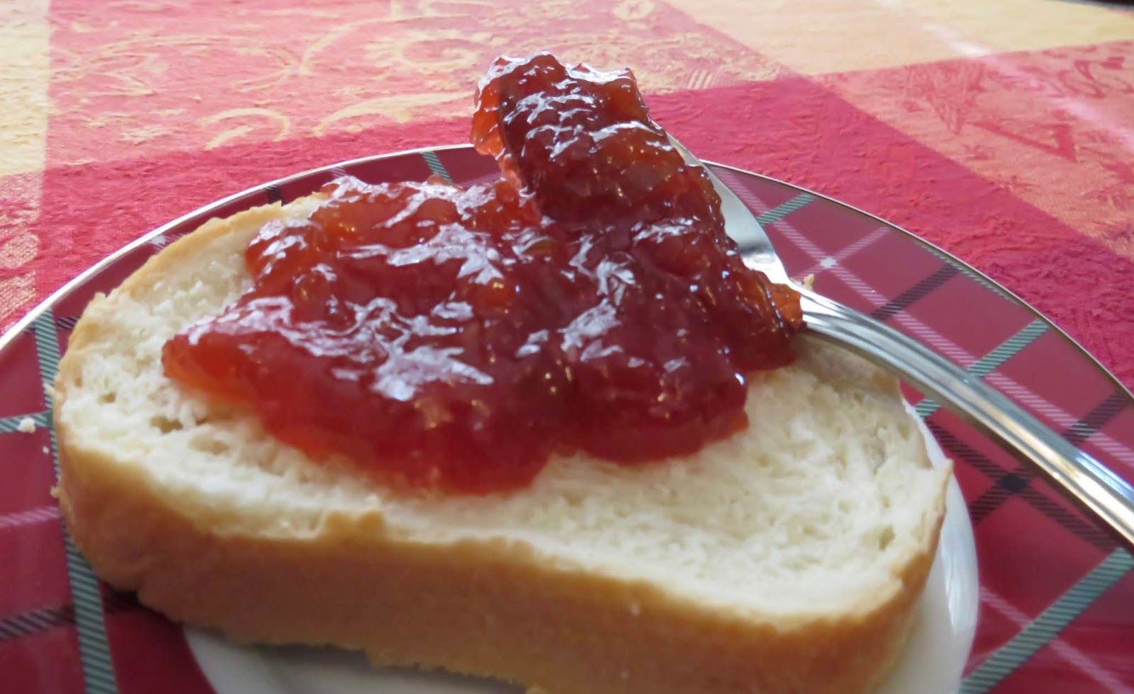 Thel's Kitchen Rhubarb Jam with Strawberry Jello.
