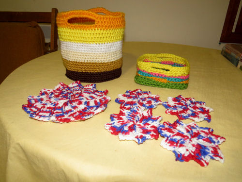 crocheted baskets and mats