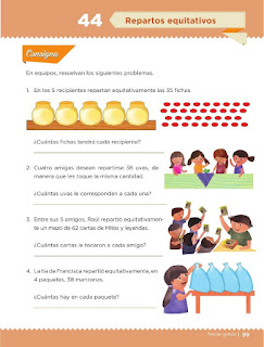 Apoyo Primaria Desafíos matemáticos 3ro. Grado Bloque III Lección 44 Repartos equitativos