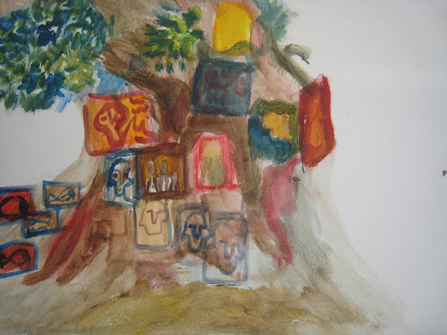 Pintura que muestra el árbol donde expuso su obra Diego Ingold en Idea Deià 2011, obra de Emebezeta
