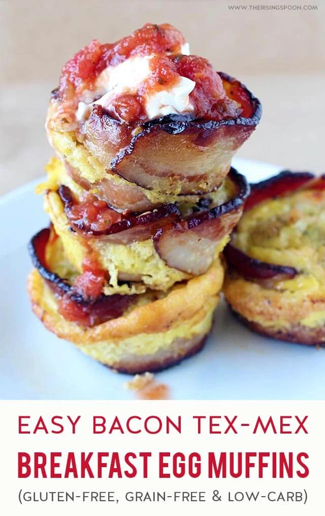 An easy breakfast muffin recipe with eggs, bacon, cheese, and simple Tex-Mex ingredients. Baked egg cups are a yummy, healthy, and affordable on the go breakfast that you can make the day before and reheat for quick meals all week long.