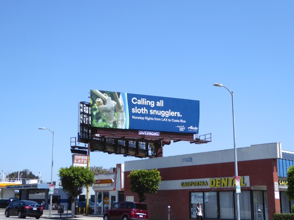 Alaska Airlines Sloth snugglers Costa Rica billboard Santa Monica Boulevard Alaska Airlines Sloth snugglers Costa Rica billboard