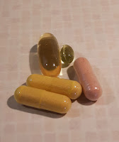 Supplements, including turmeric, vitamine D3, green tea, and omega 3.