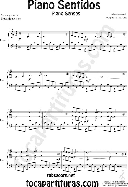 Partitura de Piano Sentidos para Piano Fácil para Principiantes, con un acompañamiento de quinta y octavas en corcheas (tónica, subdominante y dominante) by diegosax, Piano Senses Sheet Music for Easy Piano Beginners Music Score