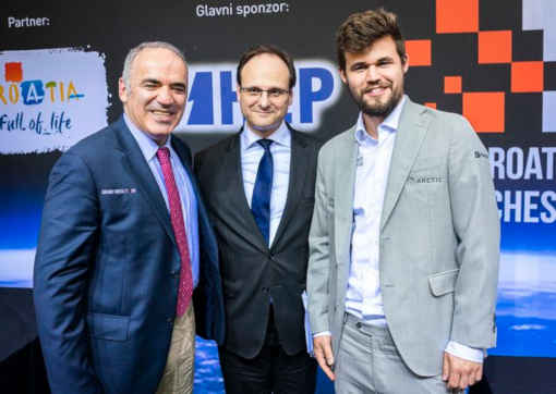 L'ex-champion du monde d'échecs Garry Kasparov et l'actuel tenant du titre, Magnus Carlsen, au Grand Chess Tour en Croatie - Photo site officiel