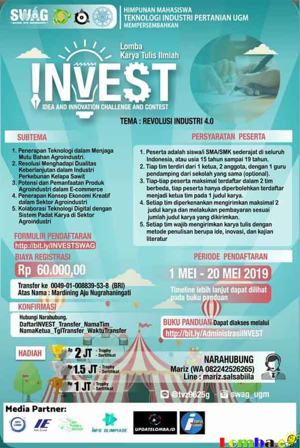 Lomba Karya Tulis Ilmiah Nasional INVEST 2019 Untuk SMA Sederajat
Lomba Karya Tulis Ilmiah Nasional INVEST 2019 Untuk SMA Sederajat