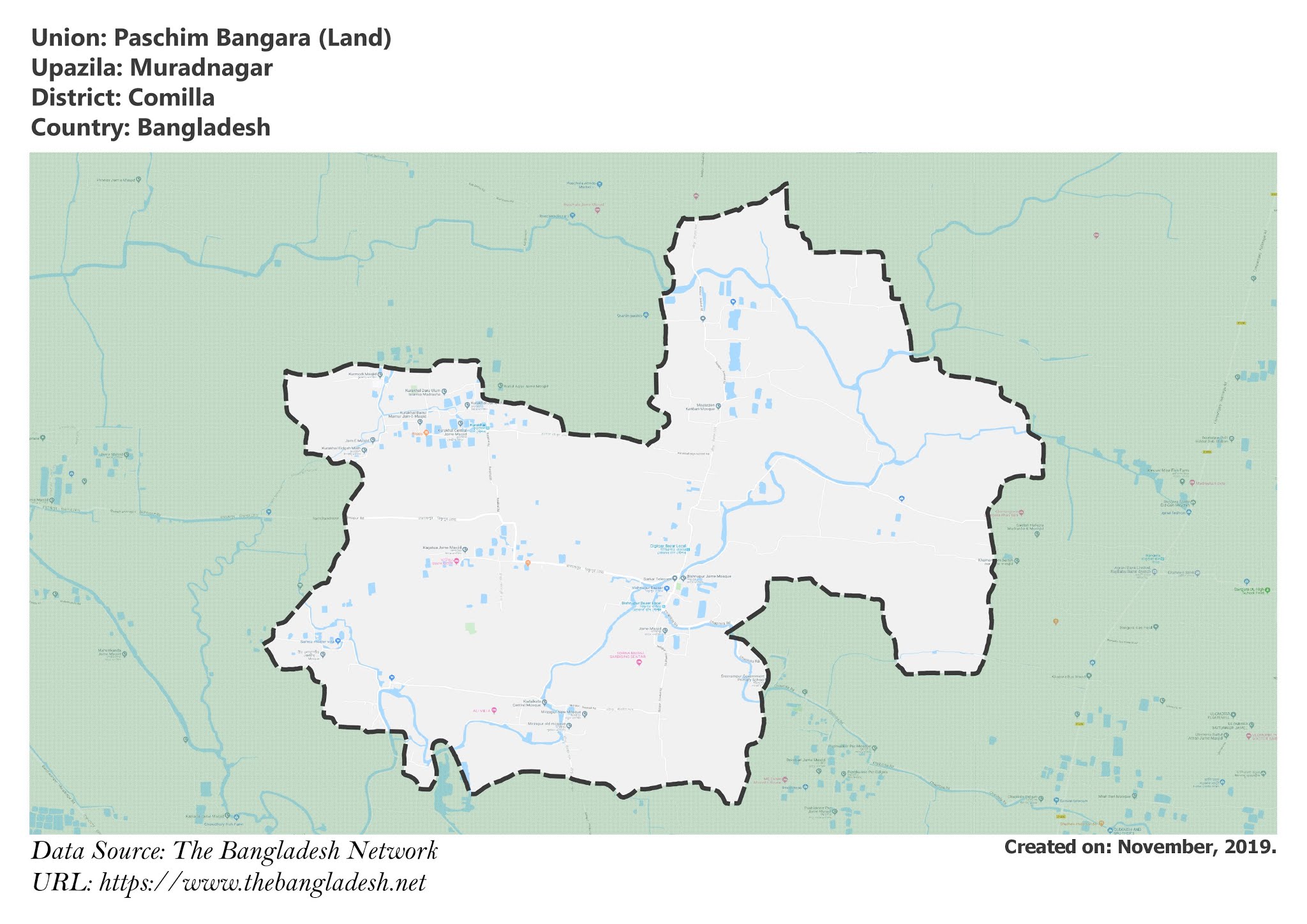 Map of Paschim Bangara of Muradnagar Upazila Map of Paschim Bangara of Comilla, Bangladesh.