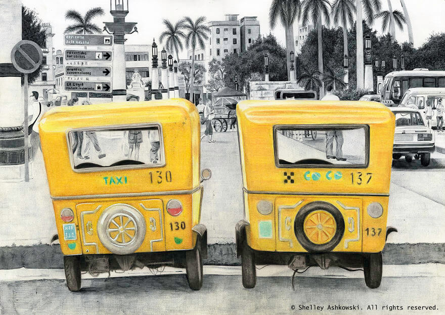 10-Taxi-Havana-S-Ashkowski-Cities-and-Landmarks-Ballpoint-Pen-Drawings-www-designstack-co
