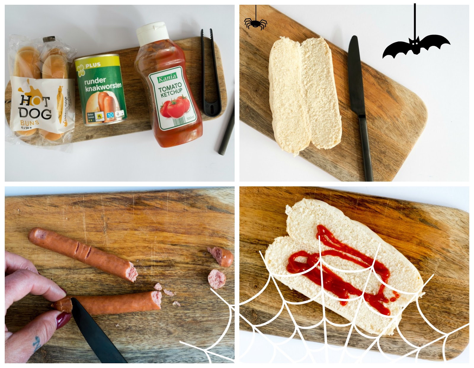 Hotdog vingers - traktatie voor Halloween Hotdog vingers - traktatie voor Halloween, stap voor stap