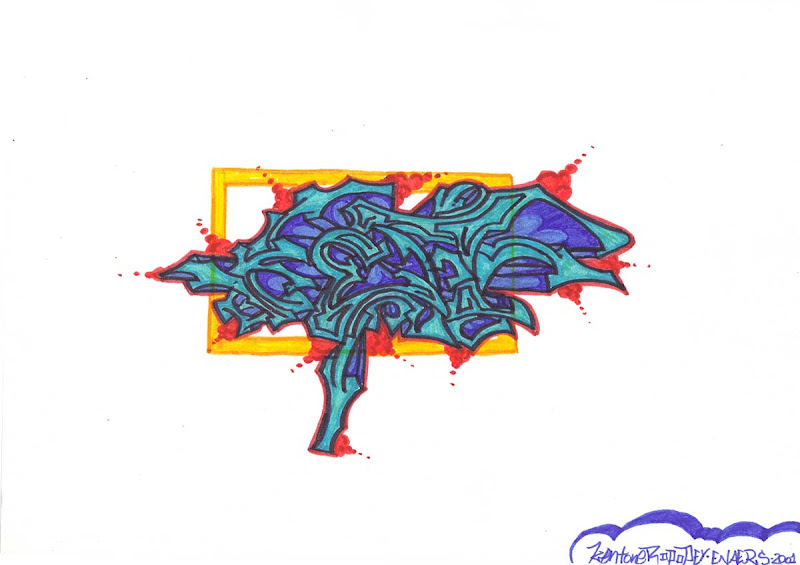 Kent letters, wild style. Blue letters on an orange square.Original naive, vintage graffiti sketch on copy paper by Kostas Gogas (akney), signed as Kent from his first Folder, 2001. ENA graffiti crew.